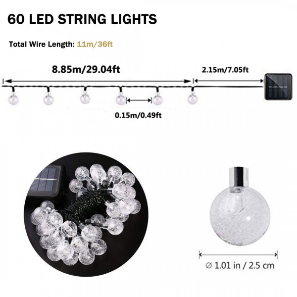 Solar Lights Outdoor Garden, Geemoo 36ft Solar Fairy Lights Outdoor, 60 LED Crystal Ball, Waterproof Solar Fairy Lights for Garden Party Decorations, Warm White