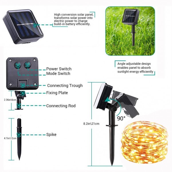 Solar Fairy Lights Outdoor Garden - Geemoo 2 Pack Copper Wire String Lights 300 LED 30m/98ft in Total, 8 Modes Waterproof Solar Powered Lights for Garden Party Outside Decorations